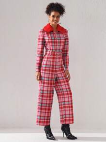 Simone Rogers Plaid Print Belted Wide Leg Jumpsuit - Multicolor - View 4