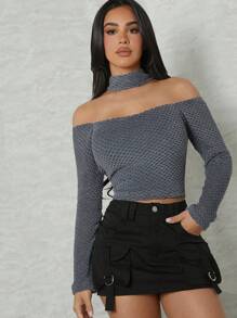 Hauture 領部細節露肩短上衣 - 灰色 - 查看 1