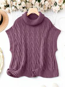 SHEIN LUNE Plus Size Women's Cable Knit Turtleneck Knit Top - Purple - View 1