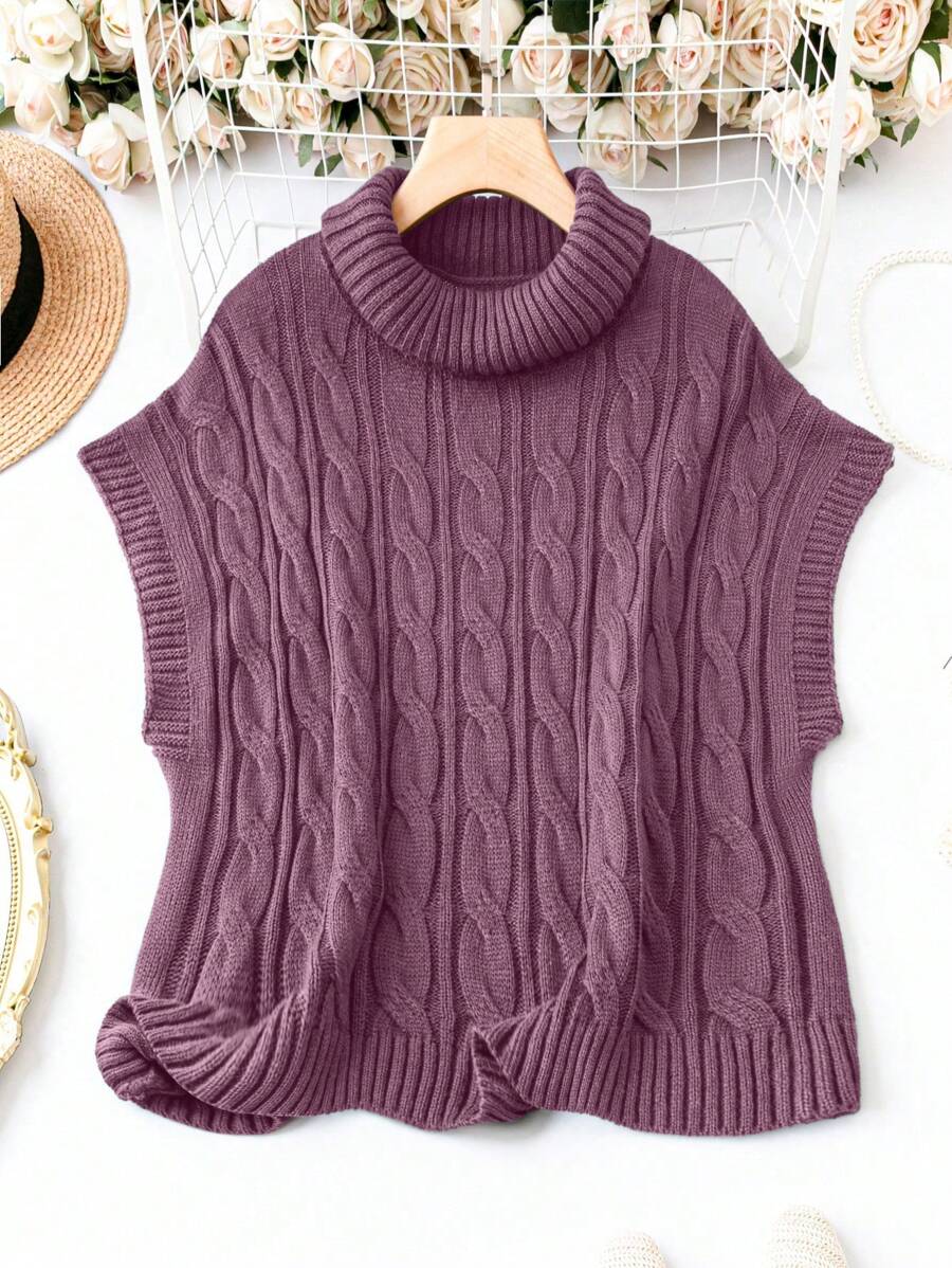 SHEIN LUNE Plus Size Women's Cable Knit Turtleneck Knit Top - Purple - View 1