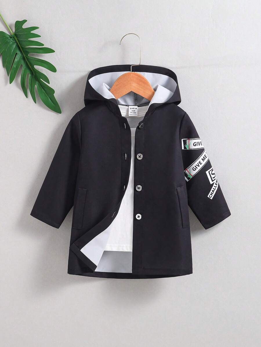 寶寶男孩字母印花帽兜夾克 - 黑色 - 查看 1