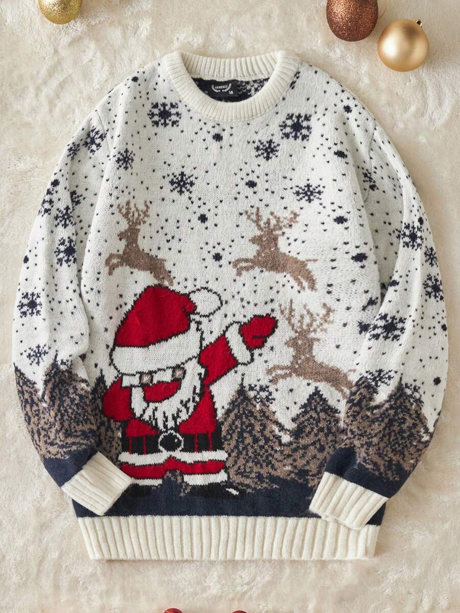 RueChic Men'S Santa Claus And Reindeer Pattern Sweater - White - View 1