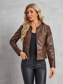 SHEIN LUNE Của phụ nữ chất liệu da PU Áo khoác Trang trí Với - Màu Khaki - Xem 3