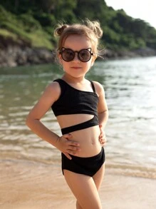 SHEIN 3 pièces Maillot de bain décontracté rayé à large fosse séparée pour jeune fille et charmant cache-maillot de papillon en maille