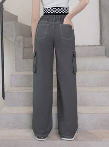 青少女新款時尚休閒深灰色實用直筒牛仔褲 - 深灰色 - 查看 2