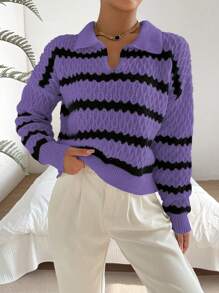 Chiquease Suéter de cuello en V a rayas de manga larga de punto para otoño e invierno - Morado - Ver 5