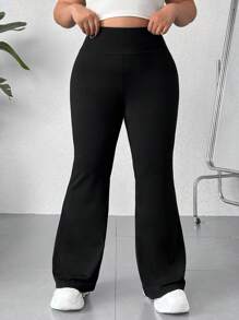 SHEIN EZwear 大尺碼純色喇叭褲夏季套裝 - 黑色 - 查看 1