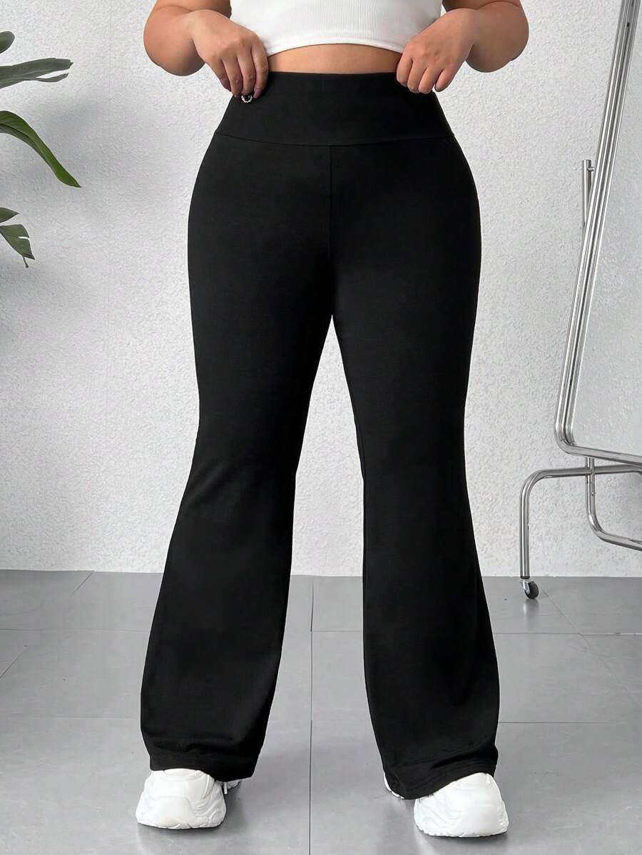 SHEIN EZwear 大尺碼純色喇叭褲夏季套裝 - 黑色 - 查看 1