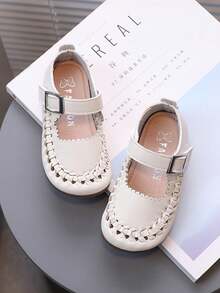 兒童平底鞋女童鞋米色編織公主鞋休閑皮鞋 - 米色 - 查看 3