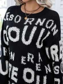 Calvaya 大尺碼女式全字母圖案短版針織毛衣連身裙 - 黑色 - 查看 8