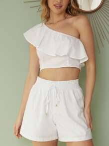 SHEIN 單肩荷葉邊上衣和打結褶皺腰短褲 - 白色 - 查看 6