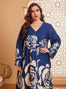 Al Najma Kích thước lớn In hoa Tay áo chuông Đầm - Màu xanh hải quân - Xem 4