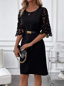 SHEIN Clasi Women'S Solid Color Hollow Out Sleeve Dress - Black - View 5