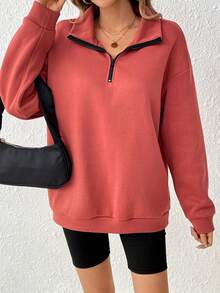 SHEIN Essnce 女款純色下垂肩運動衫 - 紅木色 - 查看 3