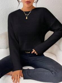 SHEIN Essnce 女式下垂肩圓領長袖毛衣套頭 - 黑色 - 查看 1