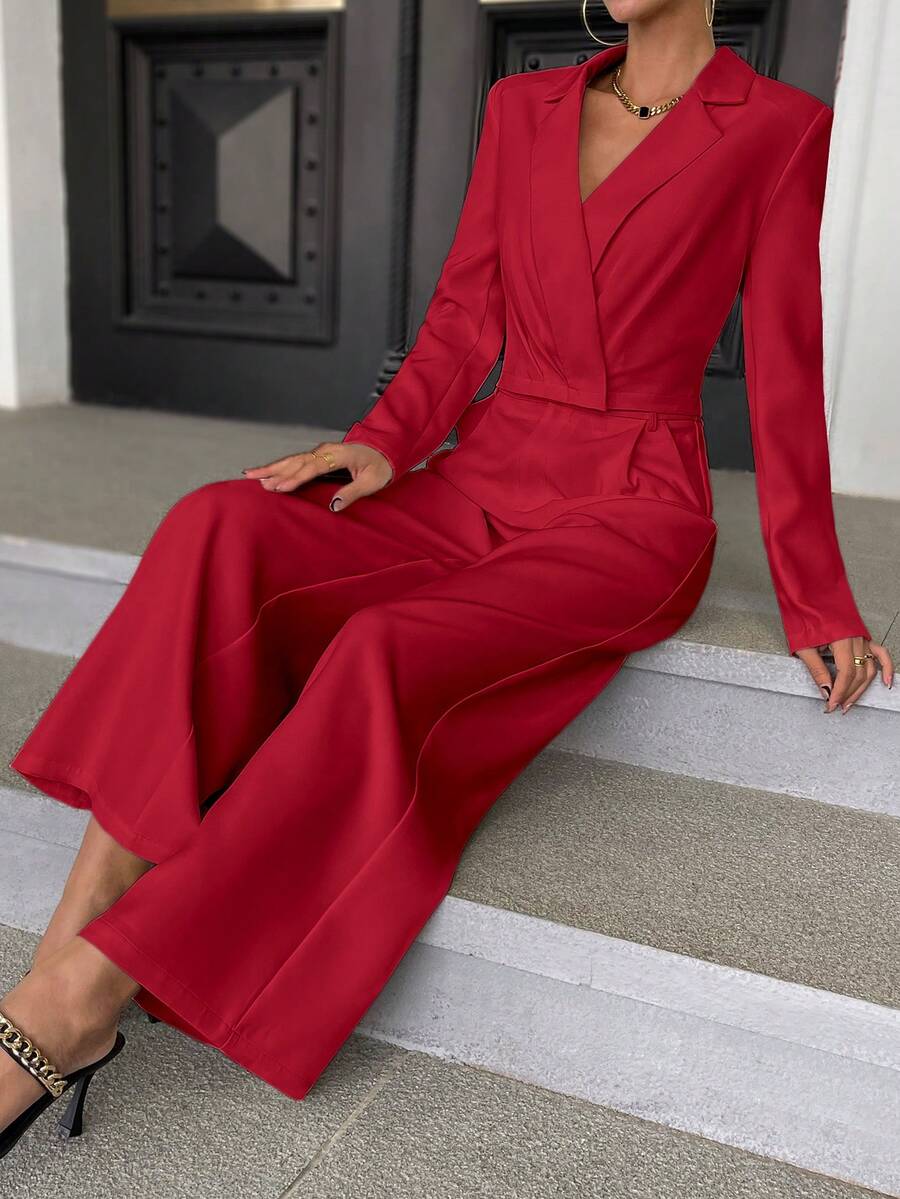 SHEIN Privé Solid Lapel Neck Blazer & Wide Leg Pants - Red - View 1