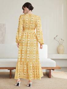 Modelyn Allover Print Ruffle Hem Belted Dress - Yellow - View 2