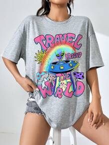 SHEIN EZwear 鬆身女款外星印花下落肩t恤,帶有字母印花 - 淺灰色 - 查看 1