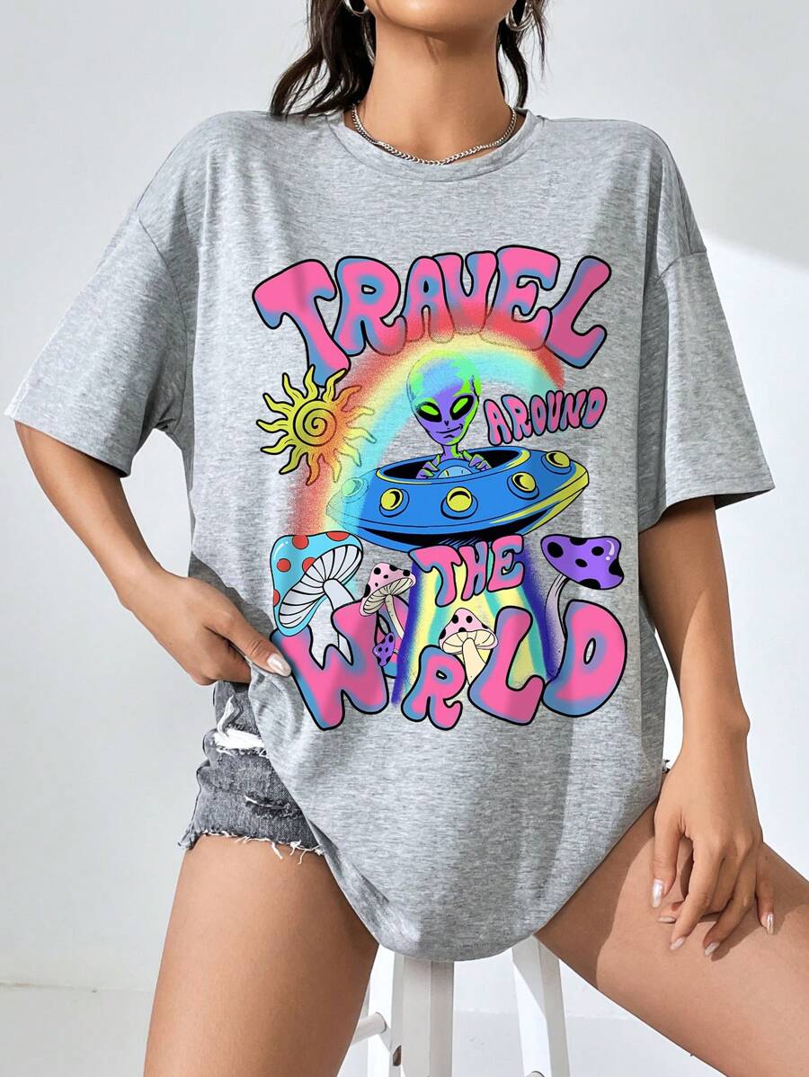 SHEIN EZwear 鬆身女款外星印花下落肩t恤,帶有字母印花 - 淺灰色 - 查看 1