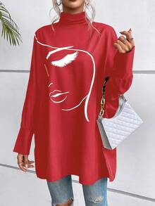 SHEIN LUNE 女士抽象人物印花蝙蝠袖上衣 - 紅色 - 查看 4