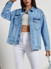 EURMUSE Women'S Flap Pocket Button Front Denim Jacket - Light Wash - View 4