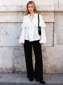 SHEIN Frenchy Tie Neck Ruffle Lantern Sleeve Blouse Winter White Casual