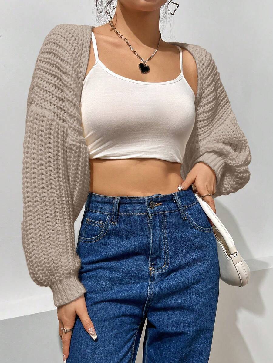 SHEIN Unity 女士休閒開襟披風針織衫 - 卡其色 - 查看 1