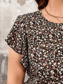 SHEIN LUNE Plus Size Women's Floral Print Ruffle Hem Blouse For Summer - Black - View 6