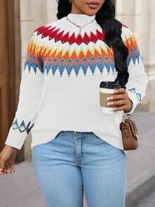 Calvaya Áo len dài tay cổ đứng họa tiết hình học cỡ lớn, thích hợp mặc mùa thu đông. - trắng - Xem 6