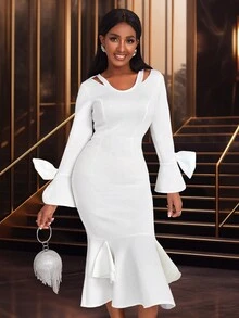 Vestido elegante midi de unicolor con mangas de campana caladas y corte sirena - Blanco - Ver 5