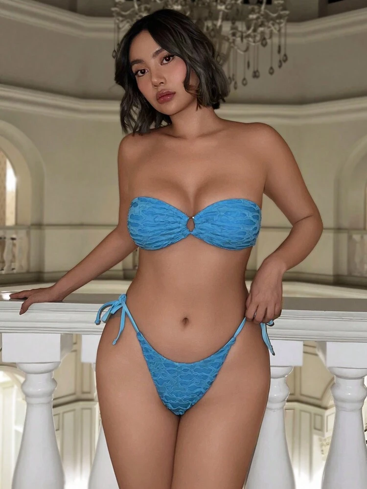 Strapless Tied Front Side-Tie Bikini Swimwear Set Summer