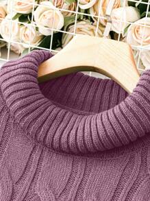 SHEIN LUNE Plus Size Women's Cable Knit Turtleneck Knit Top - Purple - View 5