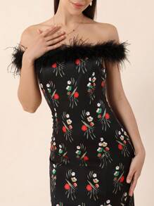 SHEIN Privé Váy midi ôm họa tiết hoa trễ vai thanh lịch và chắp vá lông thú cho nữ - màu đen - Xem 6