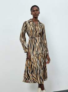 GENKIRA Zebra Print Long Sleeve Women'S Belted Shirt Dress - Multicolor - View 5