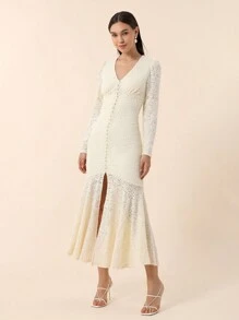 SHEIN Privé 女士杏色毛絨面料蕾絲腰身修身人魚裙風格長袖連衣裙 - 杏色 - 查看 2