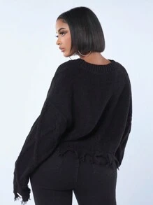 SHEIN SXY 破洞v領紋理花紋長袖毛衣 - 黑色 - 查看 2