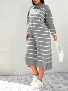 EURMUSE Plus Size Women's Striped Shawl Collar Sweater Dress - Light Grey - View 5