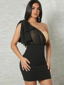 Hauture Vestido De Estampa De Bolinhas Com Contraste De Um Ombro E Laço - Multicolorido - Visão 5