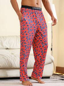 男式全印字母設計運動褲,斜口袋家居休閒褲 - 紅色 - 查看 1