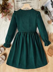 SHEIN 女孩連身裙,採用花卉刺繡的灰色雙層斜紋棉裙,邊緣處有褶邊裝飾 - 墨綠色 - 查看 2