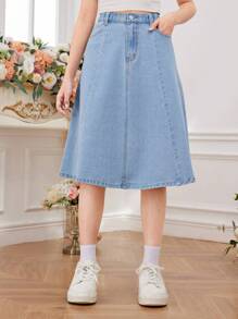青少女彈性腰丹寧裙 - 淺色水洗藍 - 查看 3
