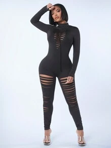 SHEIN SXY 女式性感鏤空長袖黑色緊身衣連身褲 - 黑色 - 查看 6