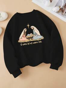 SHEIN EZwear Của phụ nữ Vòng cổ Áo nỉ Với Nhân vật In - màu đen - Xem 1