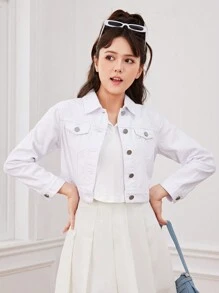 SHEIN Chaqueta de mezclilla blanca básica estilo universitario informal para niñas preadolescentes - Blanco - Ver 4