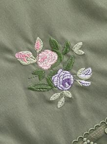 ROMWE Fairycore 花朵刺绣不对称蕾丝下摆半身裙 - 軍綠色 - 查看 3