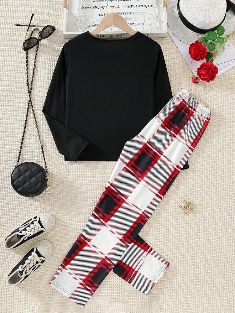 Tween Girl's Solid Color Long-Sleeved Top And Plaid Trousers Two-Piece Home Wear Set