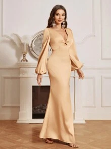 SHEIN Belle Women's Elegant Champagne Gold Summer Event Wedding Satin Dress,Backless Strappy Puff Long-Sleeved V-Neck High Waist Fishtail Bridesmaid Long Dress - Apricot - View 2
