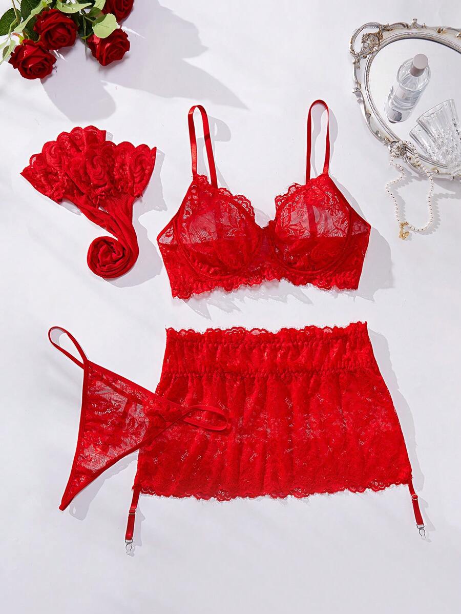 SHEIN Ropa Interior De Encaje Sexy Para Mujeres De Talla Grande - Rojo - Ver 1