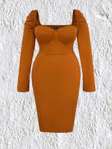 Flirla 女式大尺碼雞心領羊腿袖連身裙 - 棕色 - 查看 3