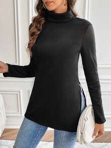 SHEIN Frenchy 女士高领保暖衬里 T 恤 - 黑色 - 查看 4